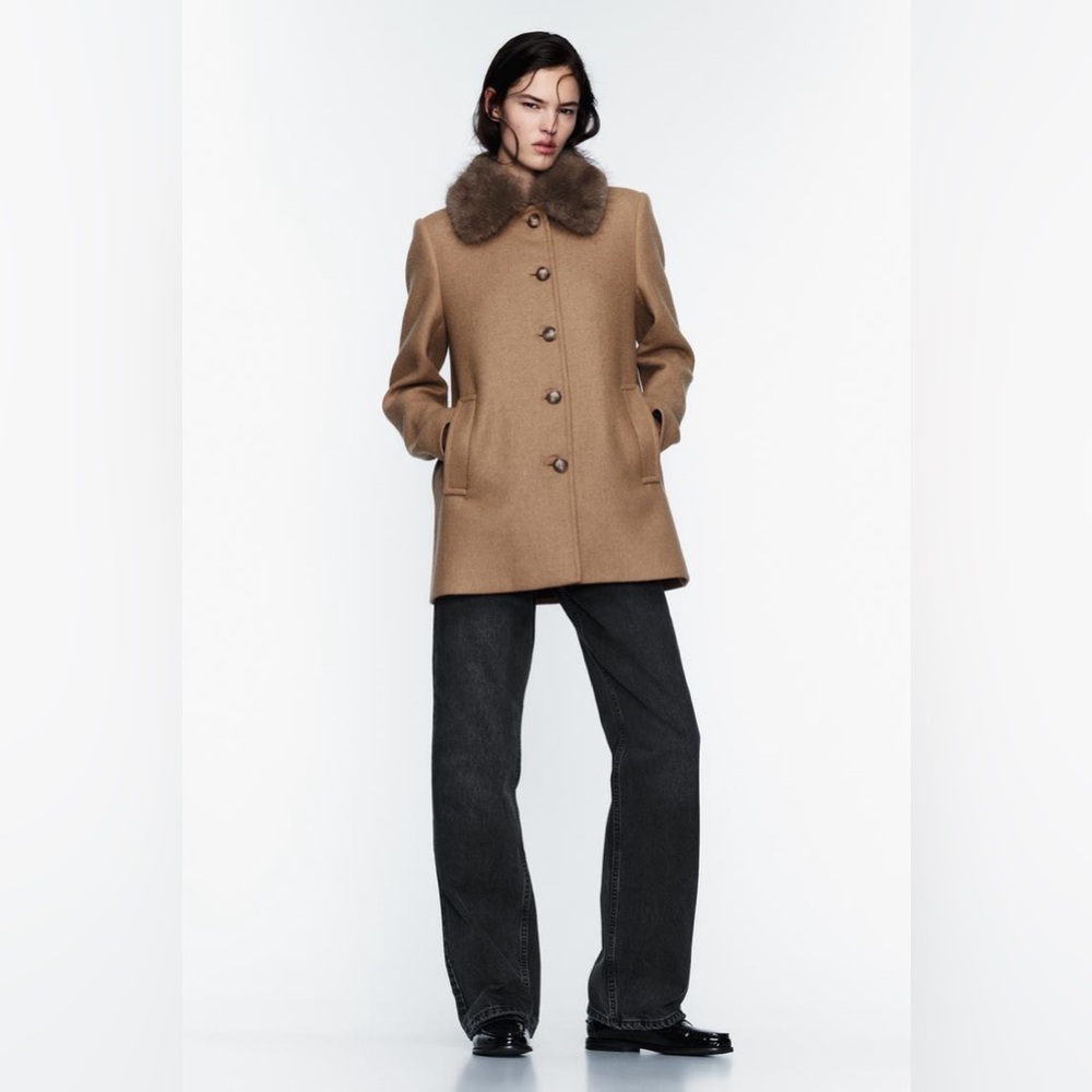 ZARA WOOL BLEND COAT WITH FAUX FUR COLLAR